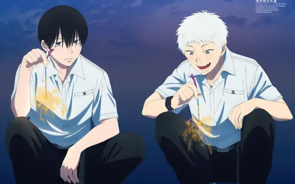 Anime HD PC desktop wallpaper from The Summer Hikaru Died: Indou Hikaru and Tsujinaka Yoshiki in school shirts, crouched and playing with sparklers under a dusky blue sky.