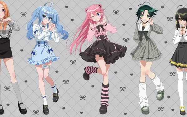Anime HD PC desktop wallpaper: The Shiunji Family Children — five stylish girls in pastel and gothic outfits posing on a patterned gray background.