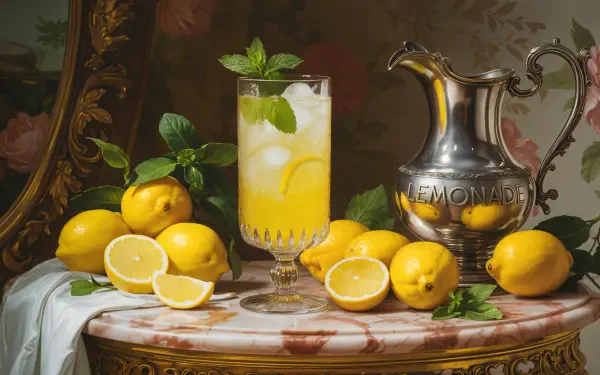 Lemonade still life with a glass of iced lemonade, whole and sliced lemons and a silver pitcher on a marble table — 4K Ultra HD PC desktop wallpaper and background.