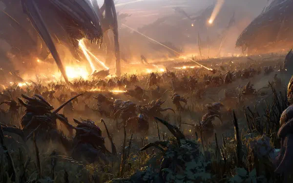 4K Ultra HD PC desktop wallpaper: epic sci-fi battle across a burning plain, swarming alien forces and towering war machines trading laser fire under a smoky orange sky.