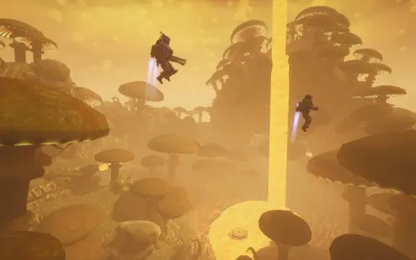 HD PC desktop wallpaper: golden, otherworldly video game scene titled 'Abiotic Factor' showing two jetpacking figures hovering among giant mushroom-like rock formations with a vertical light beam.