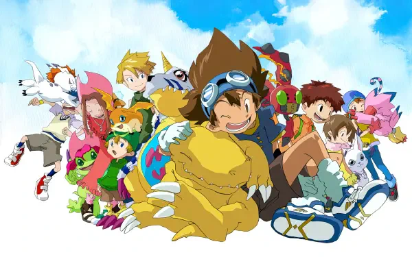 Anime Digimon HD PC desktop wallpaper: Taichi Yagami with Agumon (Digimon) and other Digimon posed against a bright blue-sky retro-anime background.