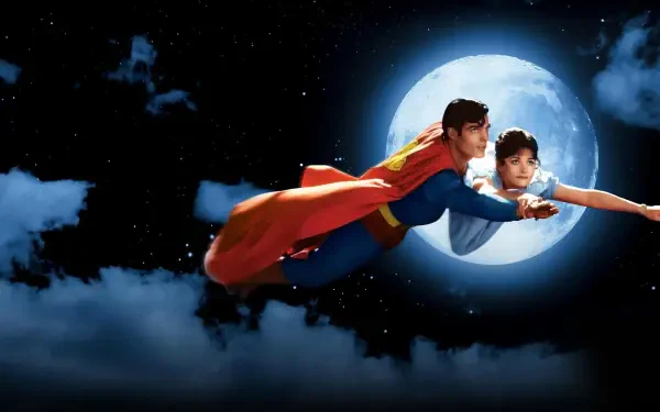Superman (1978) HD PC desktop wallpaper: Superman soars through a starry, moonlit sky with his cape billowing as he carries a woman above clouds.