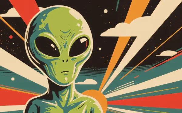 4K Ultra HD PC desktop wallpaper: retro green extraterrestrial with large black eyes set against colorful rays, stars and stylized clouds in a cosmic scene.