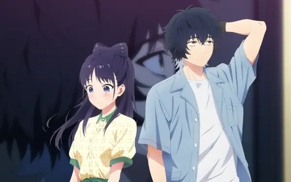 HD PC wallpaper of WITCH WATCH characters Nemu Miyao and Keigo Magami — Nemu in a yellow blouse with dark ribbon, Keigo in a casual blue shirt, posed against a moody, shadowed backdrop.
