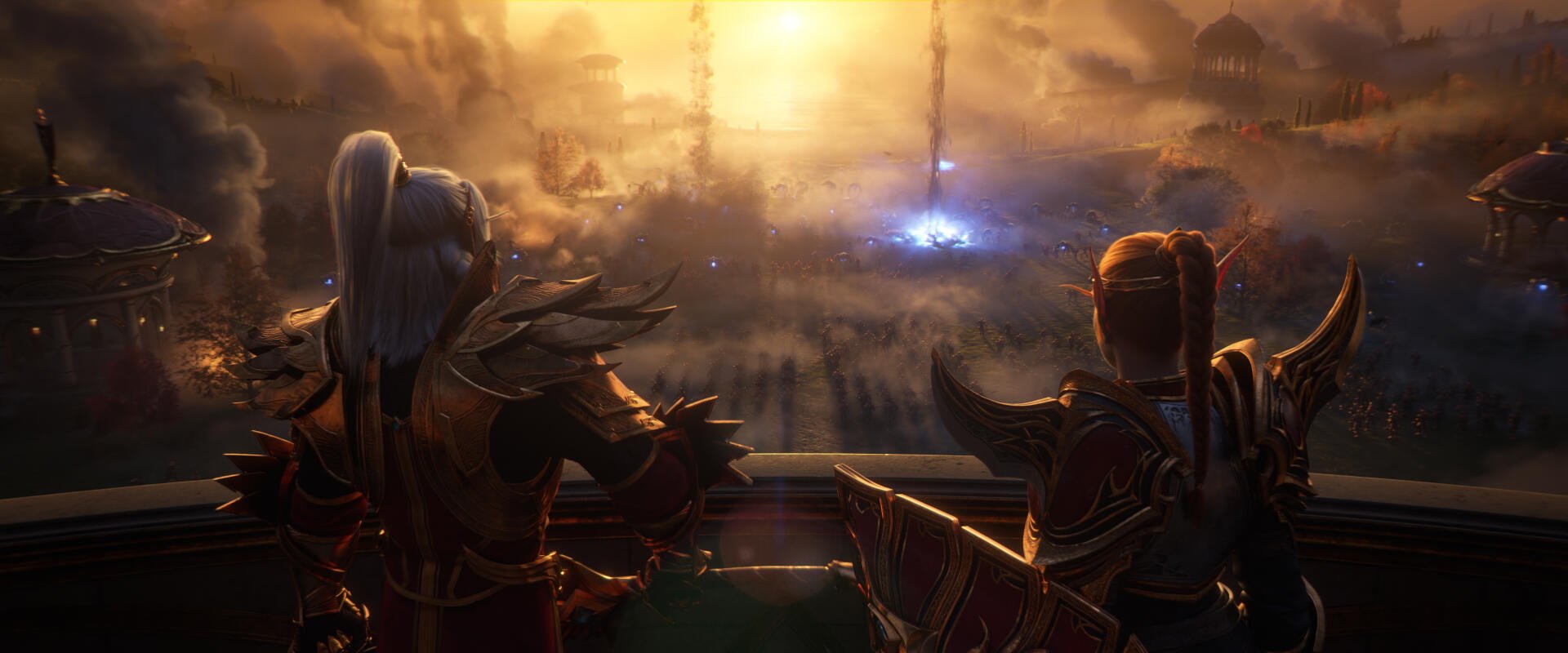 Video game HD PC wallpaper: World of Warcraft: Midnight — two armored figures survey a war-torn battlefield beneath a glowing midnight sky.