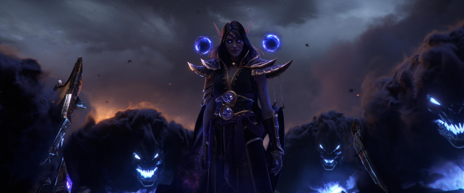 Video game HD PC desktop wallpaper of Xal'atath from World of Warcraft: Midnight — a shadowy robed figure with glowing purple orbs and spectral wolf heads under a stormy sky.