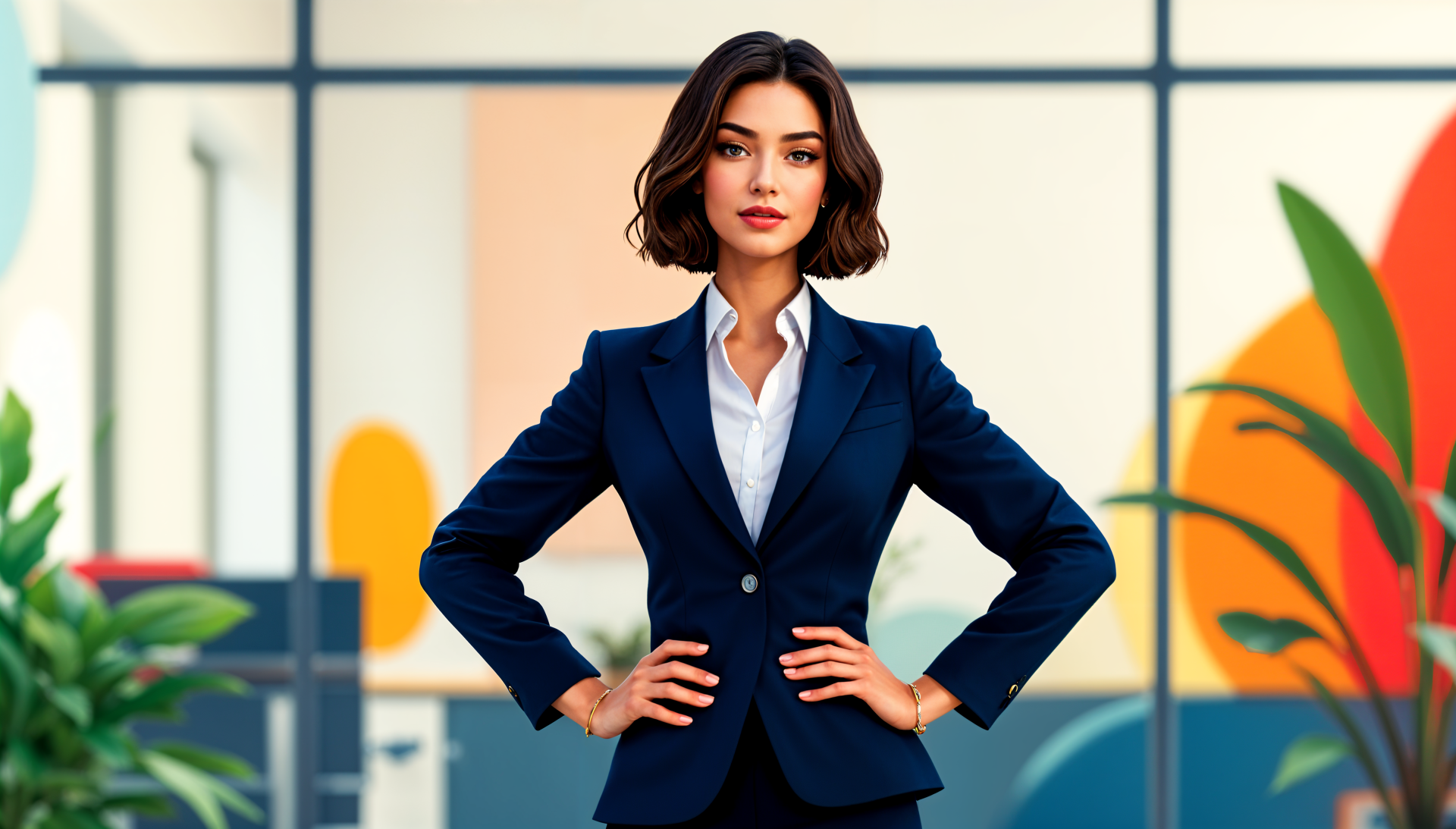 Girl boss — 4K Ultra HD PC desktop wallpaper/background: confident young woman in navy suit stands with hands on hips in a bright, modern office setting.