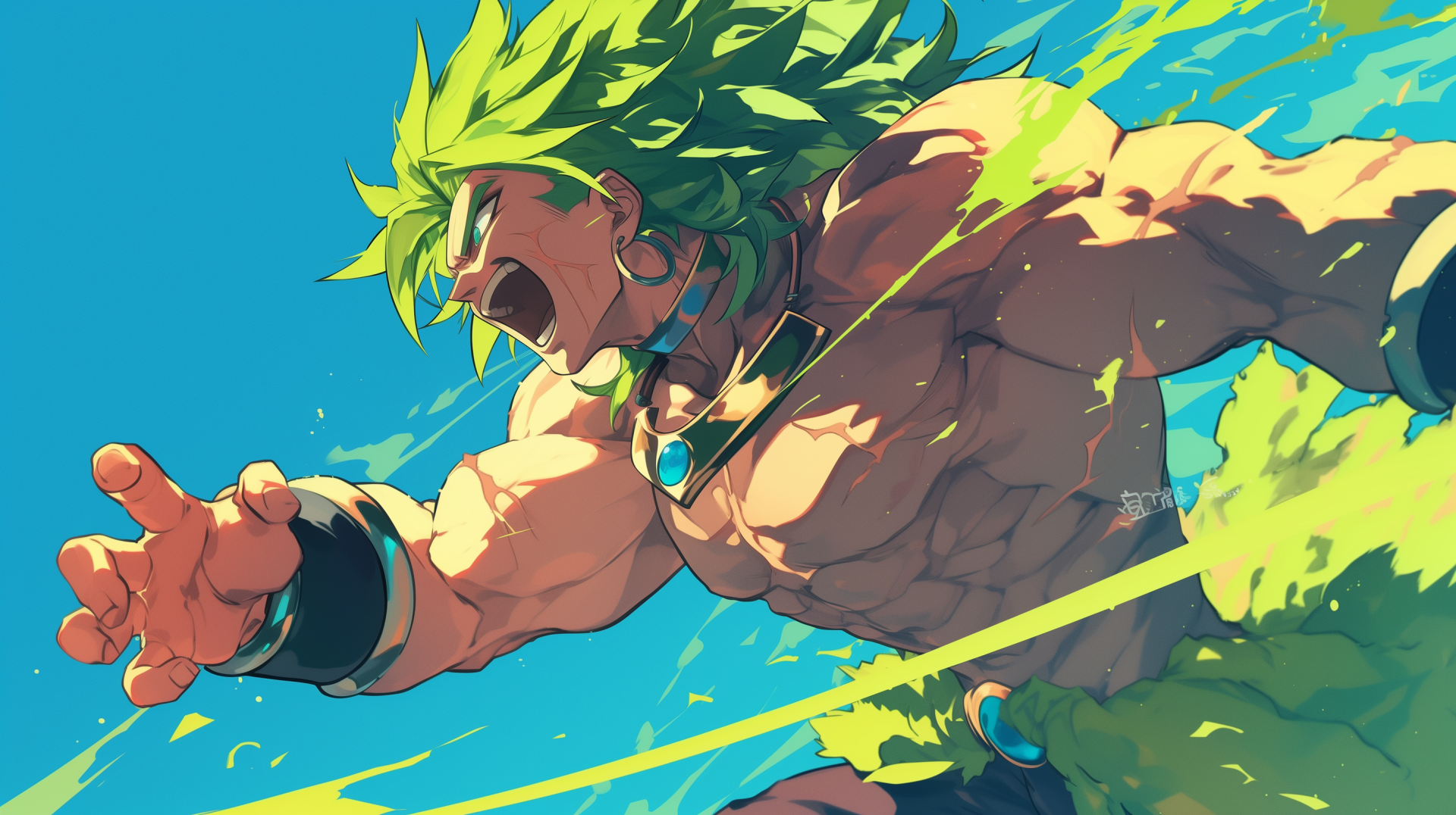 Anime HD PC desktop wallpaper of Broly (Dragon Ball) from Dragon Ball Super: Broly — green Super Saiyan Broly roaring and charging forward amid vivid streaks of energy.