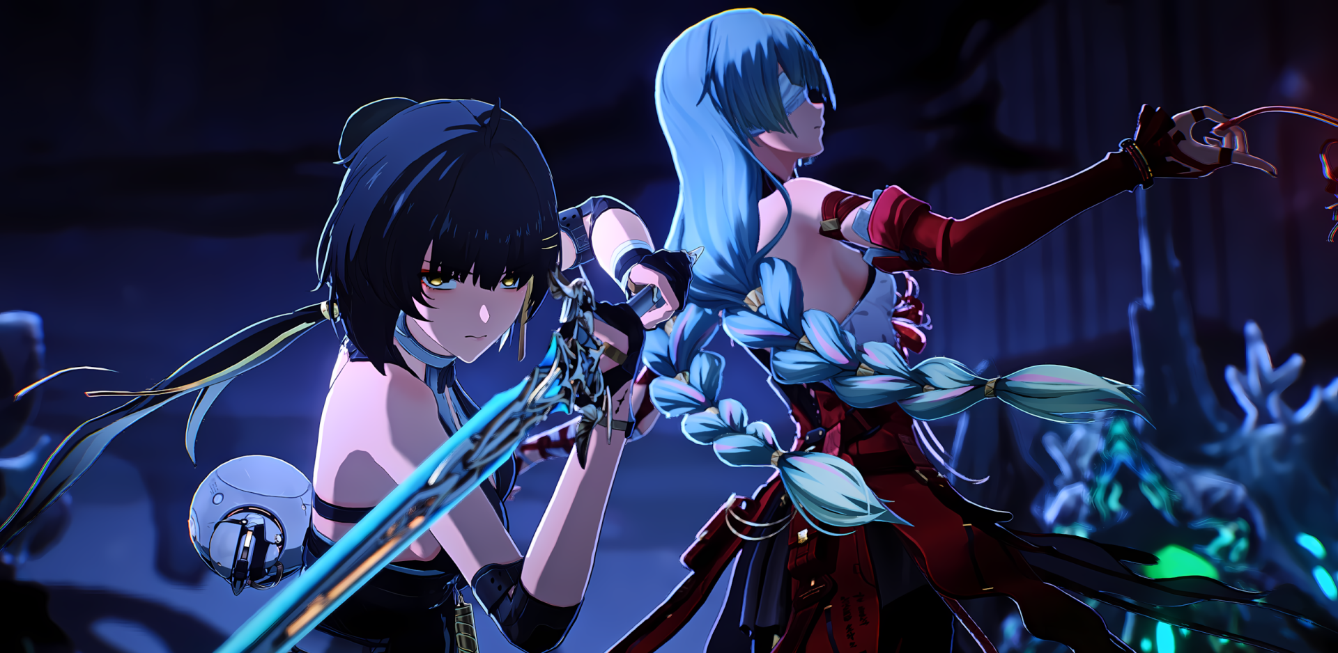 HD PC wallpaper from the video game Wuthering Waves featuring Phrolova and Rover back-to-back, blades drawn under moody blue lighting.