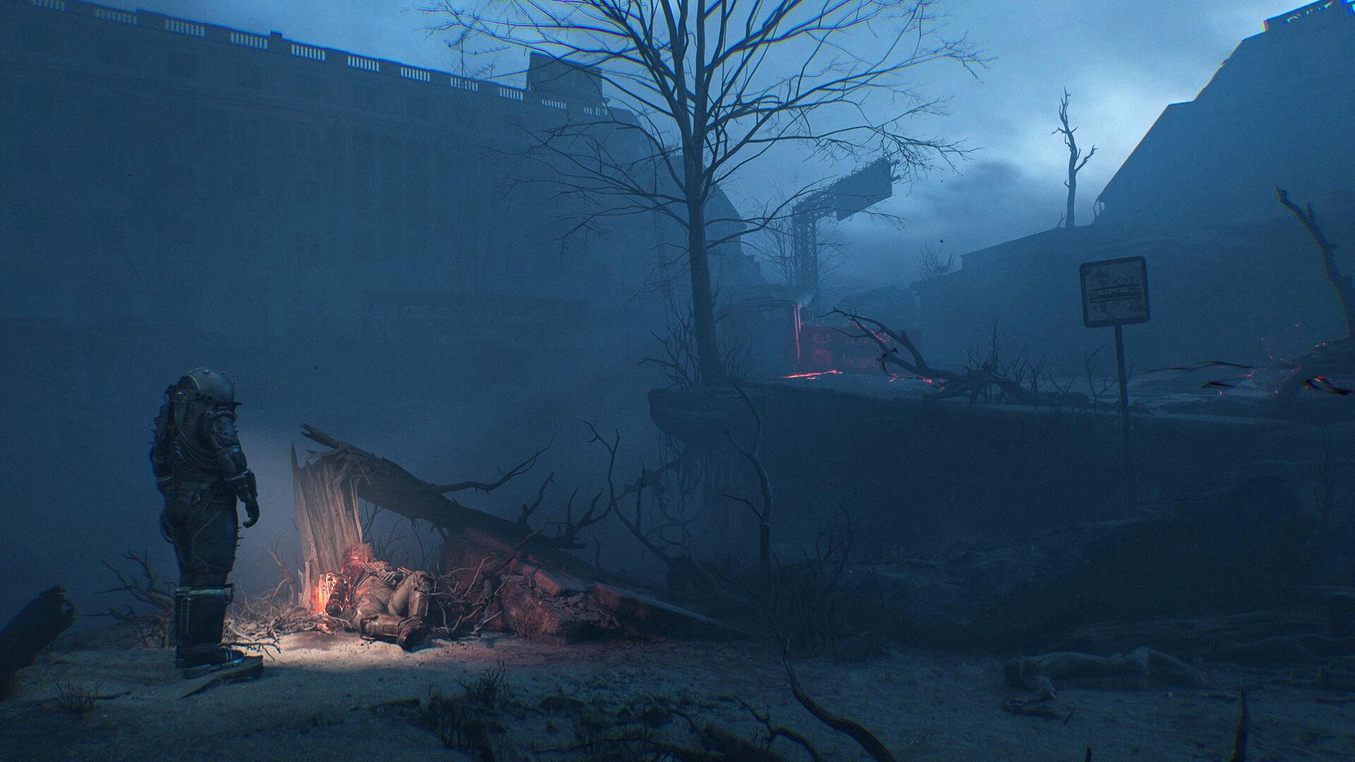 Cronos: The New Dawn video game 4K Ultra HD PC desktop wallpaper and background — lone hazmat-clad figure at a dim campfire beneath a tarp in a foggy, ruined urban landscape.