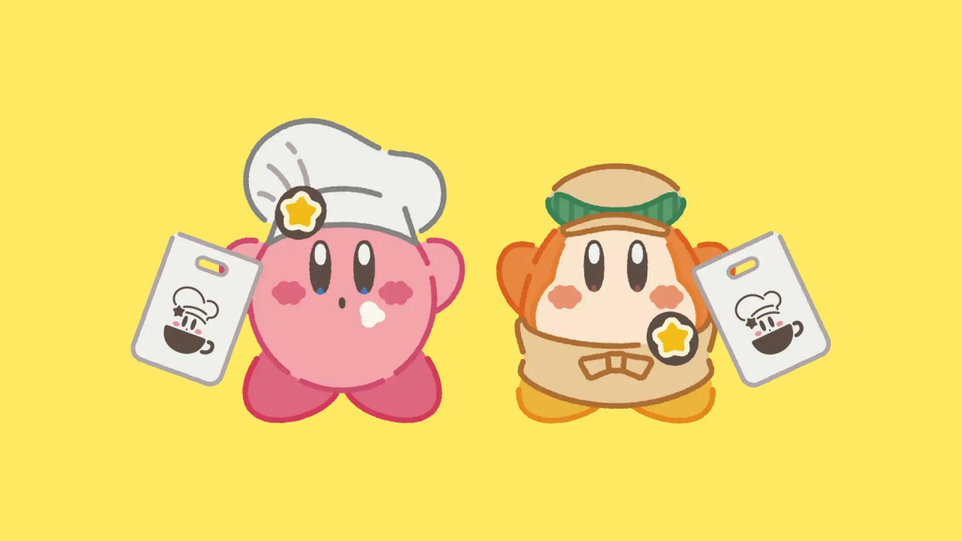 HD PC desktop wallpaper background: Kirby in a chef hat and Waddle Dee in a café outfit holding menus on a bright yellow Kirby Cafe illustration.