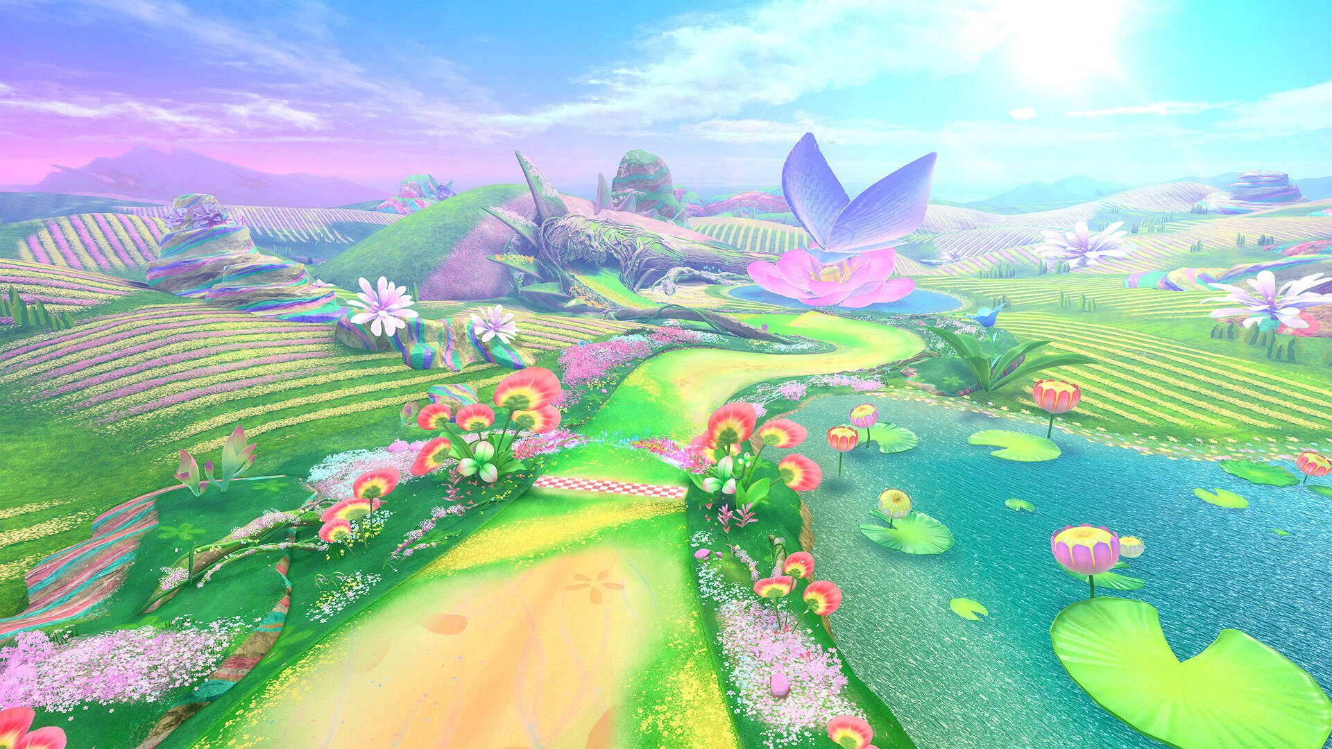 Kirby Air Riders HD PC desktop wallpaper featuring pastel rolling fields, floating flower islands, winding paths and a bright, dreamy sky in a whimsical fantasy landscape.
