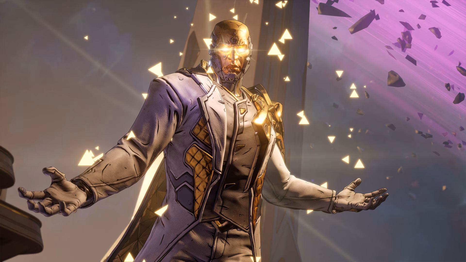 Borderlands 4 video game 4K Ultra HD PC desktop wallpaper: golden-armored figure in a glowing suit, arms outstretched amid floating triangular light shards and a purple sci‑fi sky.