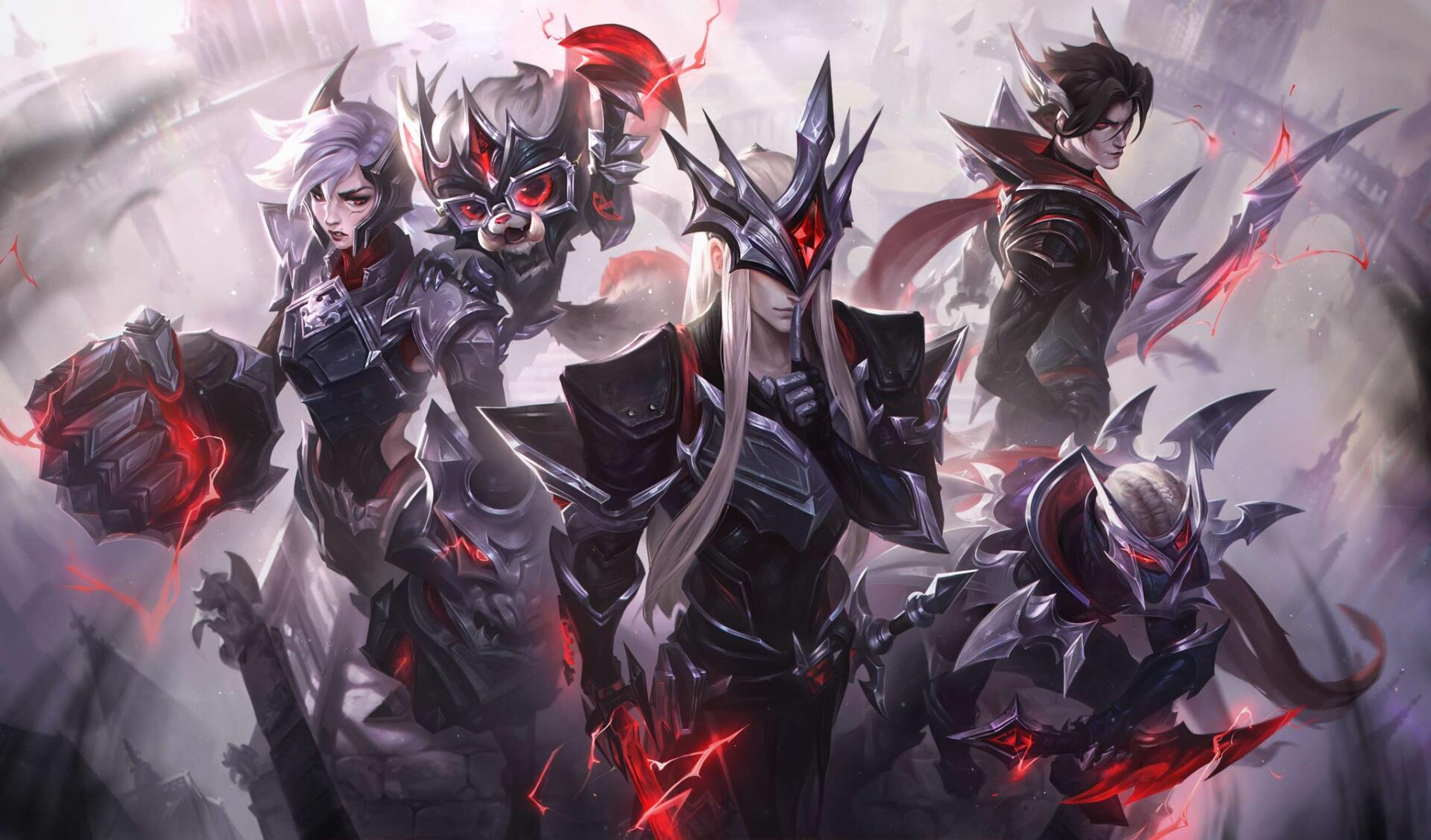 League of Legends HD desktop wallpaper: Yone, Vi, Gnar and Varus in dark, red-accented armor grouped together against a smoky, battle-worn backdrop.