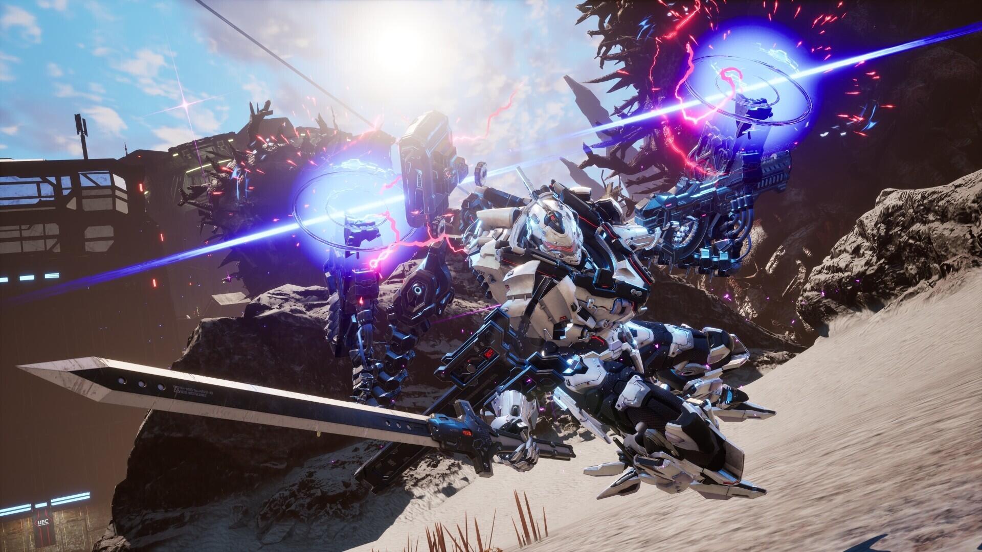 HD PC desktop wallpaper from the video game Daemon x Machina: Titanic Scion, showing a mecha in fierce battle, firing energy beams and swinging a massive sword across a sunlit wasteland.