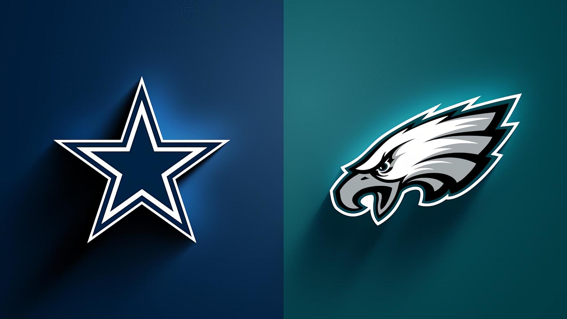 HD PC desktop wallpaper showing the Dallas Cowboys star on the left and Philadelphia Eagles logo on the right over a split blue-green football background.