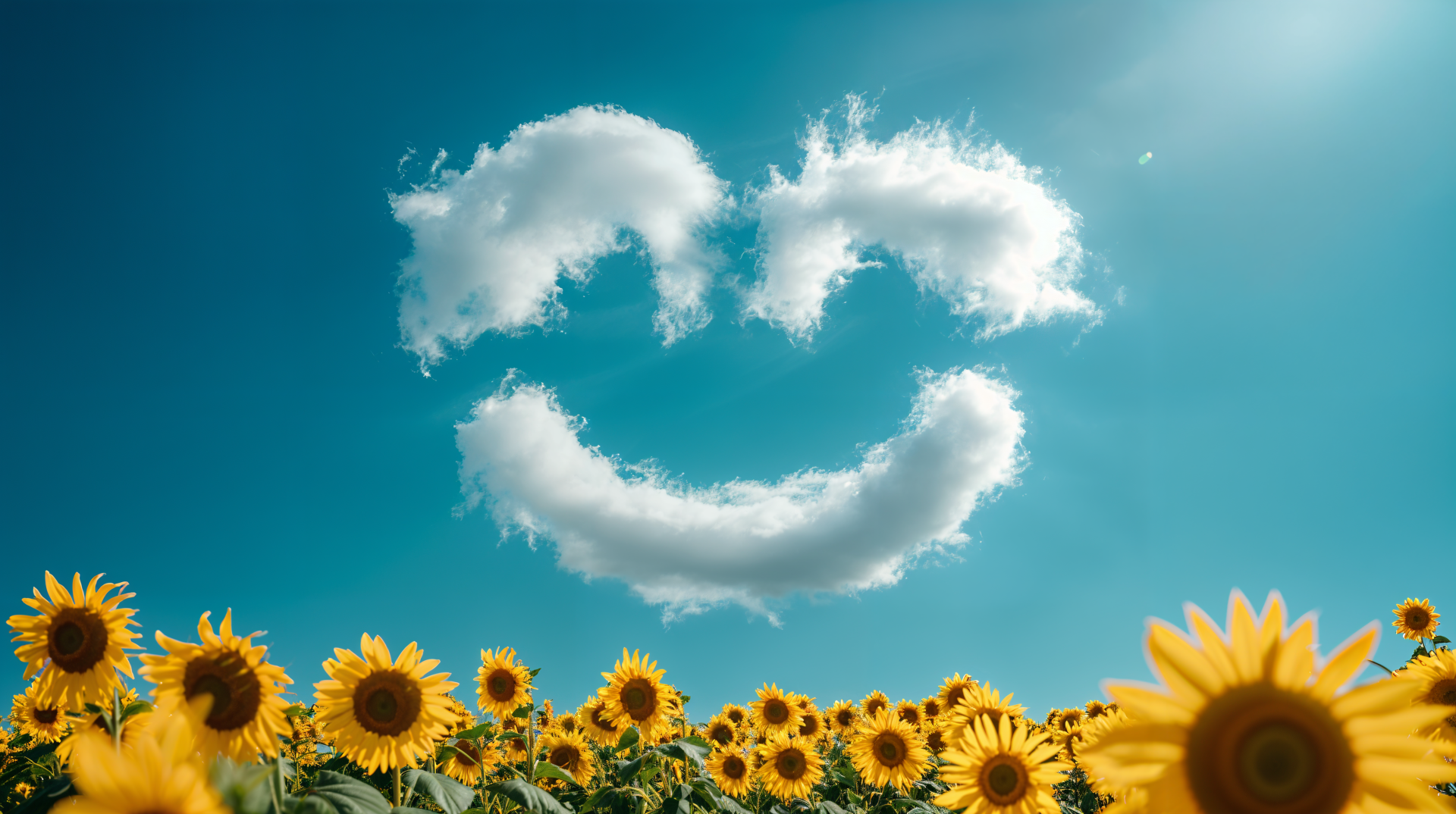 4K Ultra HD PC desktop wallpaper: sunflower field under a clear sky with a smiling cloud formation.