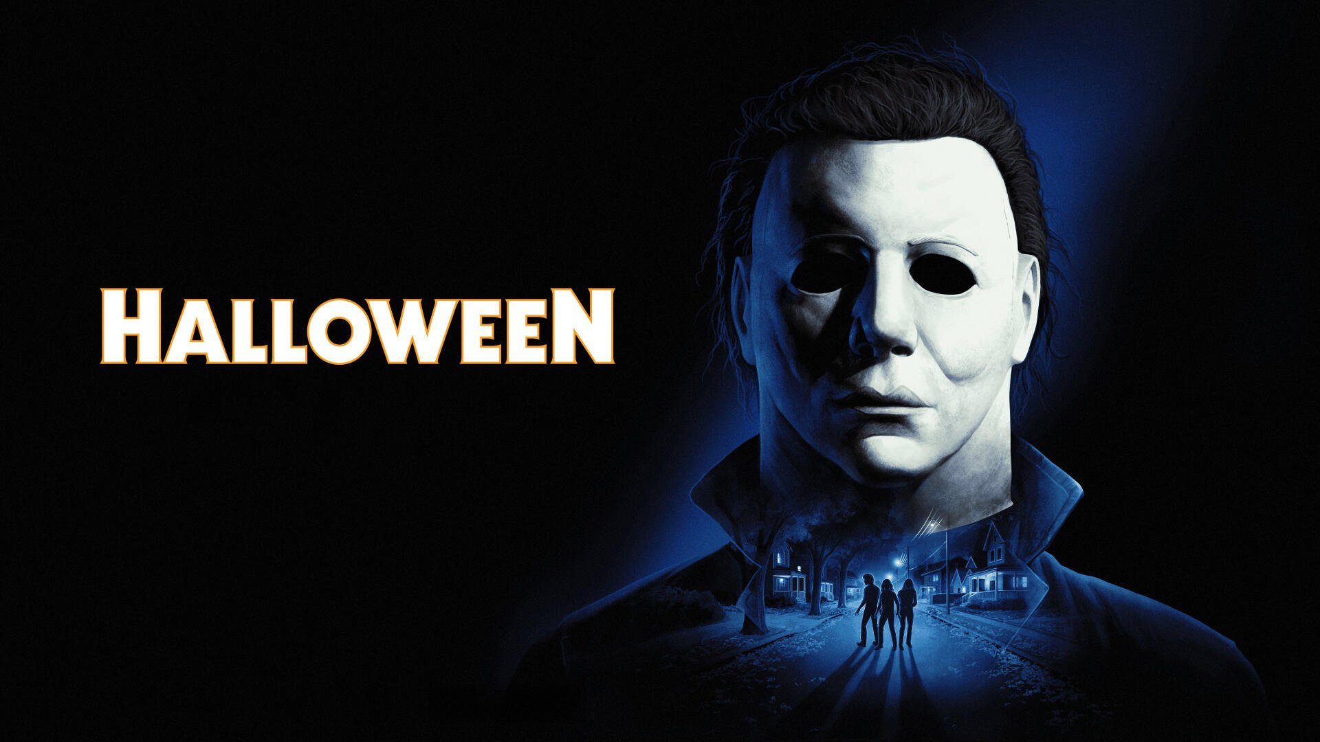 4K Ultra HD PC desktop wallpaper of Halloween videogame: a pale, expressionless killer mask looms over a moonlit suburban street with tiny figures and the bold title HALLOWEEN.