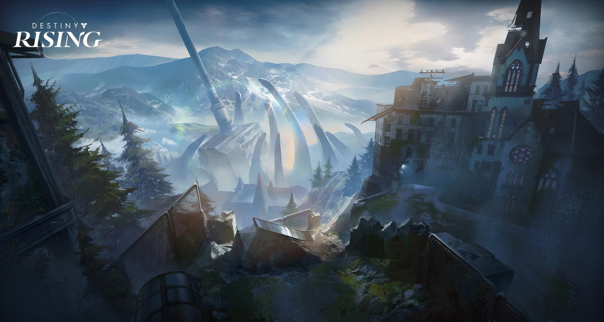 Destiny: Rising video game HD PC desktop wallpaper — cliffside fortress above a pine forest, misty mountain valley with towering curved spires and shafts of sunlight through clouds.