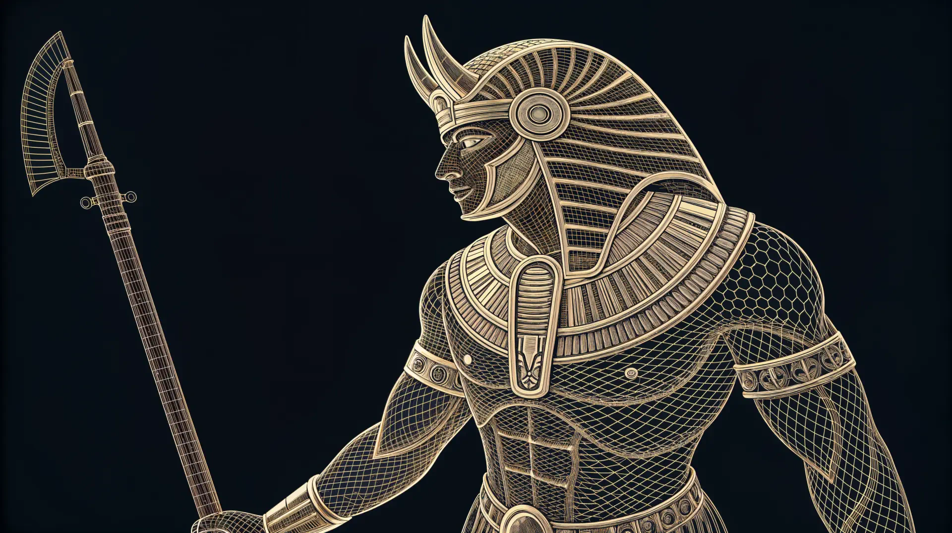 Gold-lined Egyptian warrior in a pharaoh headdress holding a spear on a dark backdrop — 4K Ultra HD PC desktop wallpaper and background.