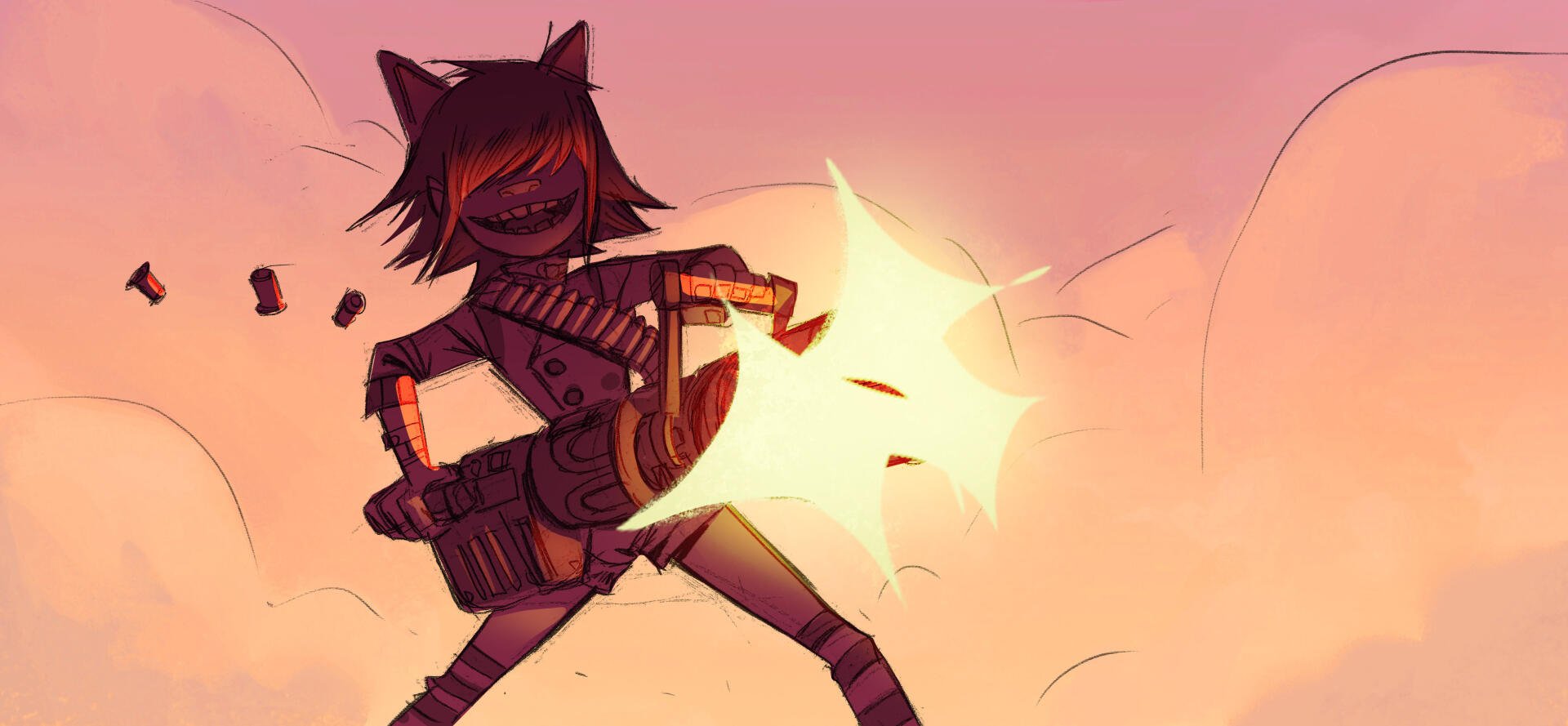 HD PC desktop wallpaper of a Gorillaz cartoon character with cat ears firing a roaring machine gun, musical energy and warm sunset tones.