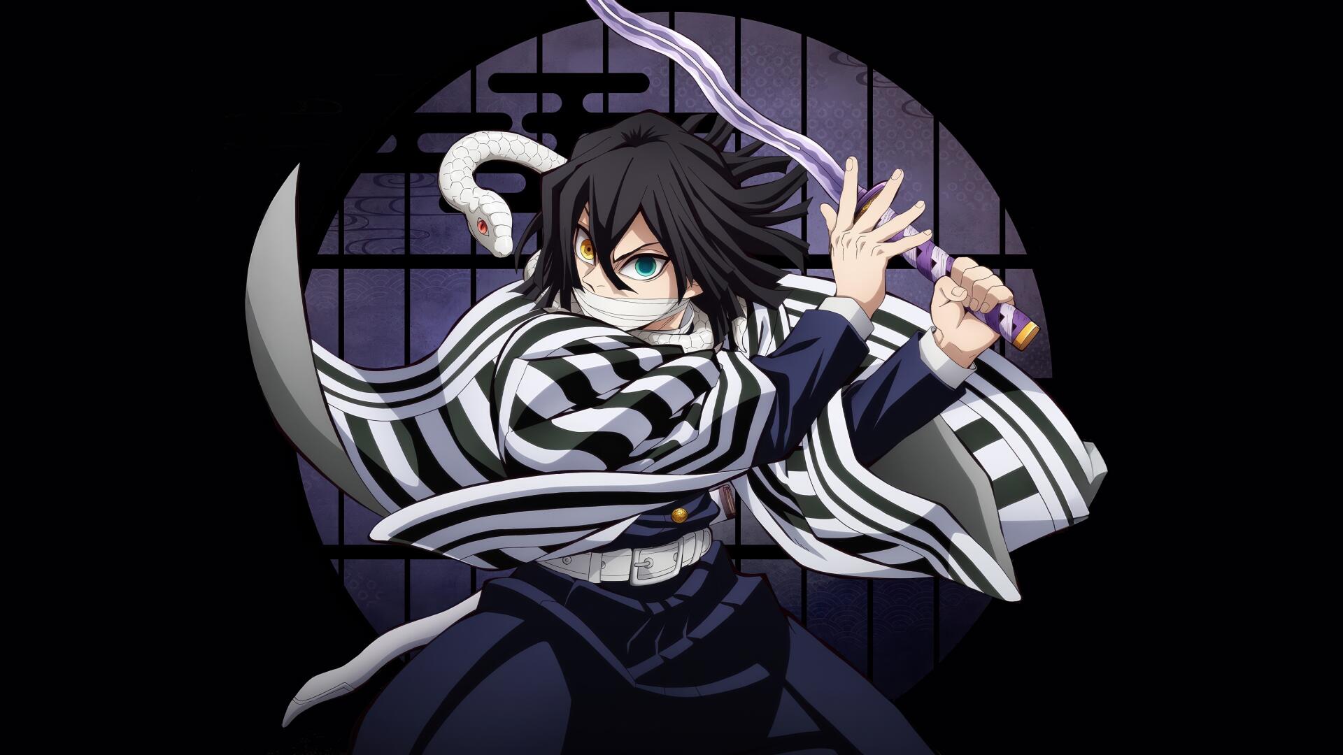 Obanai Iguro from Demon Slayer: Kimetsu No Yaiba - The Movie: Infinity Castle, 4K Ultra HD desktop wallpaper, poised with snake-wrapped katana and striped haori before a circular barred window.