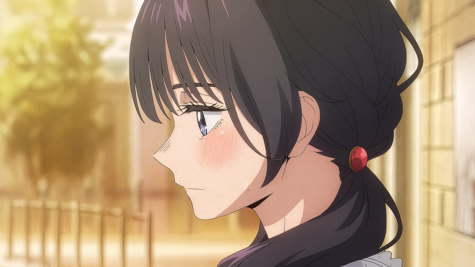 Anime HD PC wallpaper: Kaoruko Waguri from The Fragrant Flower Blooms With Dignity — side profile with dark ponytail and soft, warm golden background.