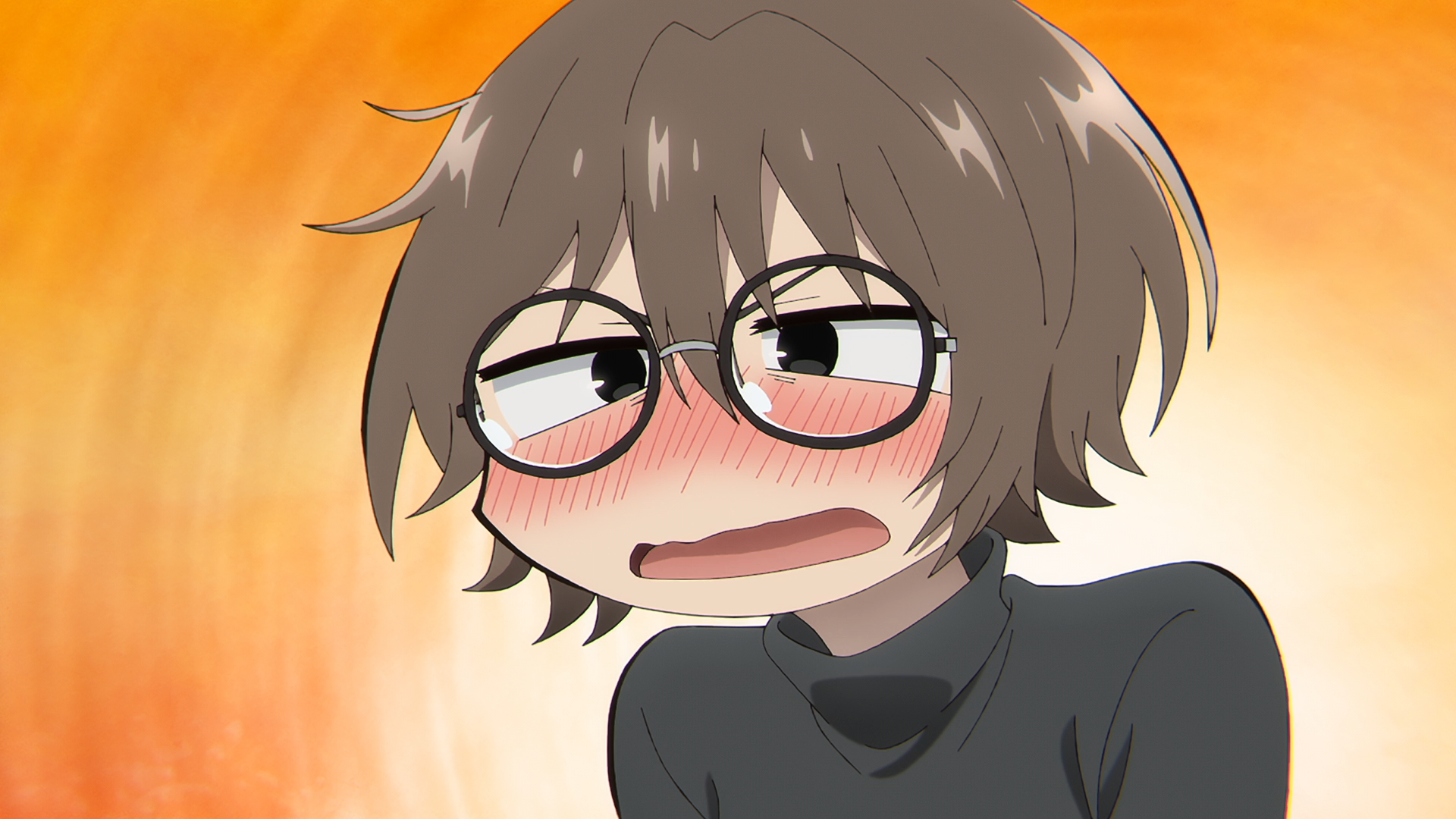 Anime HD PC desktop wallpaper: Anko Uguisu from Call of the Night, blushing and flustered with short brown hair against a warm orange background.