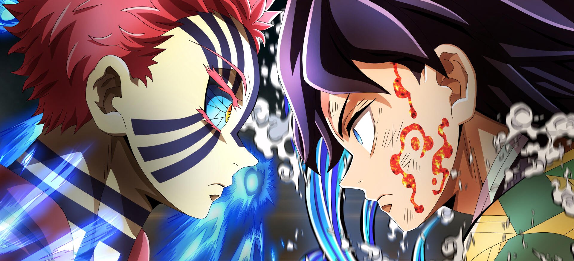 Close-up anime face-off between Akaza and Giyuu Tomioka from Demon Slayer: Kimetsu no Yaiba — Infinity Castle, vibrant 4K Ultra HD PC desktop wallpaper.