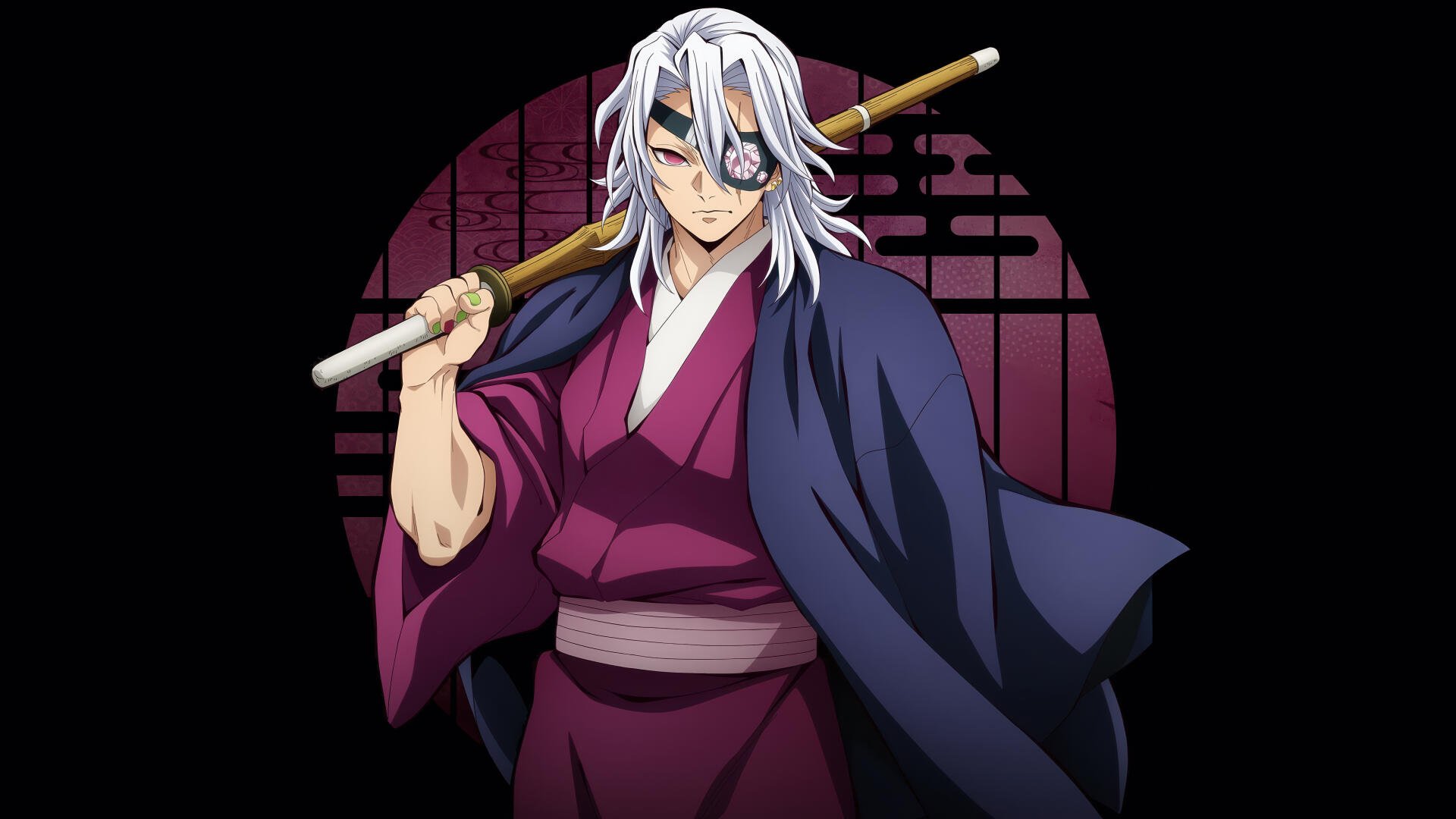 Demon Slayer: Kimetsu no Yaiba — white‑haired eyepatched swordsman in layered kimono, blade across his shoulder before a crimson circular grid. 4K Ultra HD PC Desktop Wallpaper and Background.