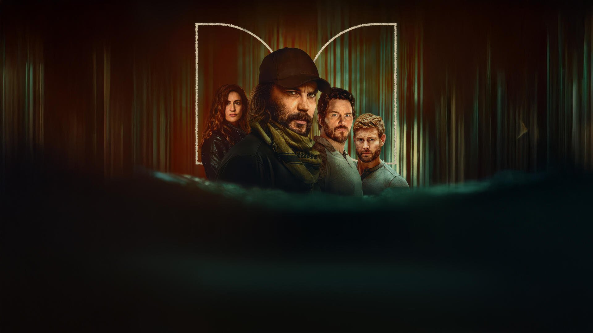 4K Ultra HD PC desktop wallpaper: cinematic The Terminal List: Dark Wolf poster-style scene with four shadowed characters rising from misted water, neon arch and moody green-orange lighting.