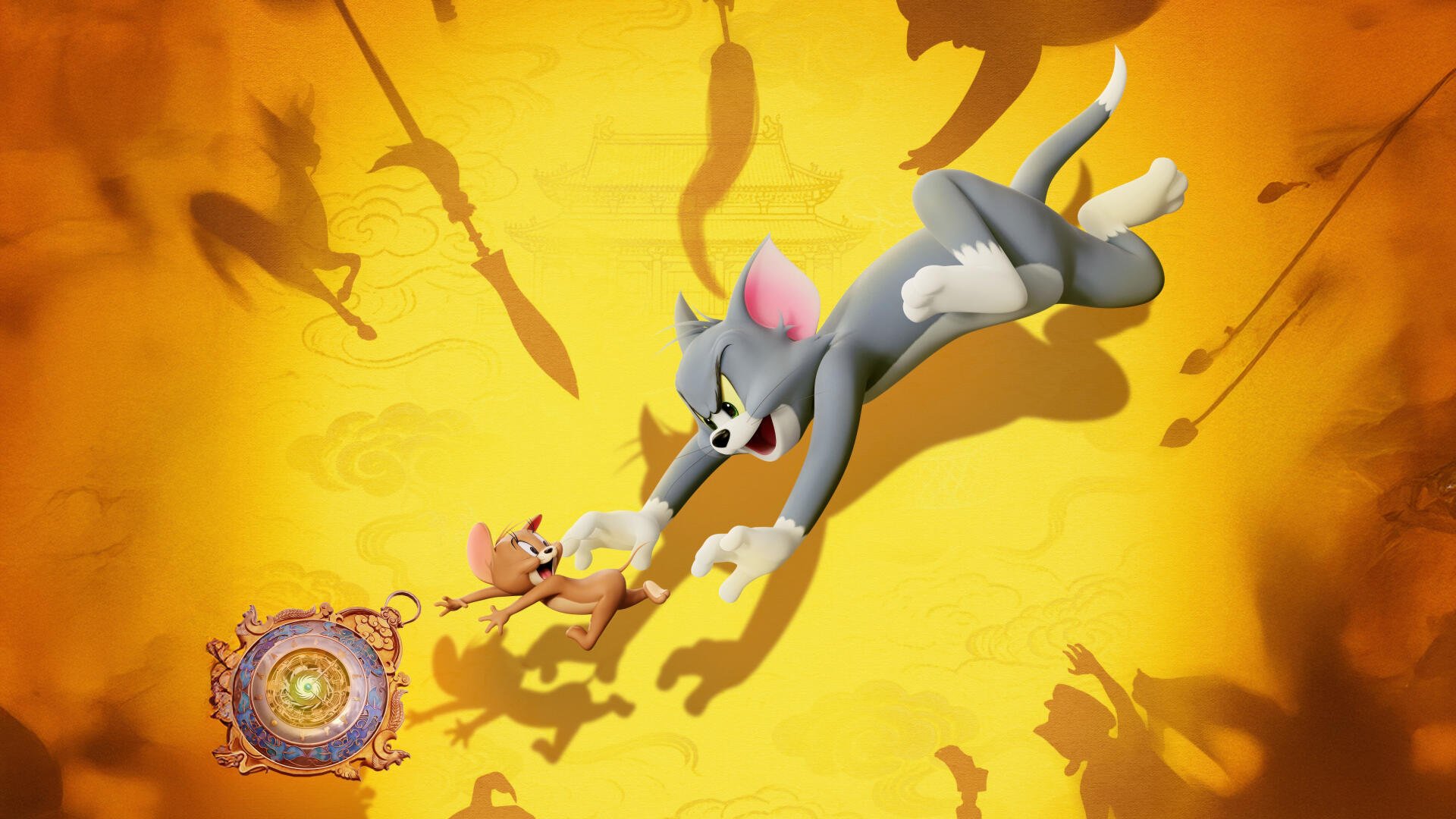 Tom & Jerry 4K Ultra HD PC desktop wallpaper: Tom lunging for Jerry across a warm yellow-orange background with playful shadows and an ornate emblem.