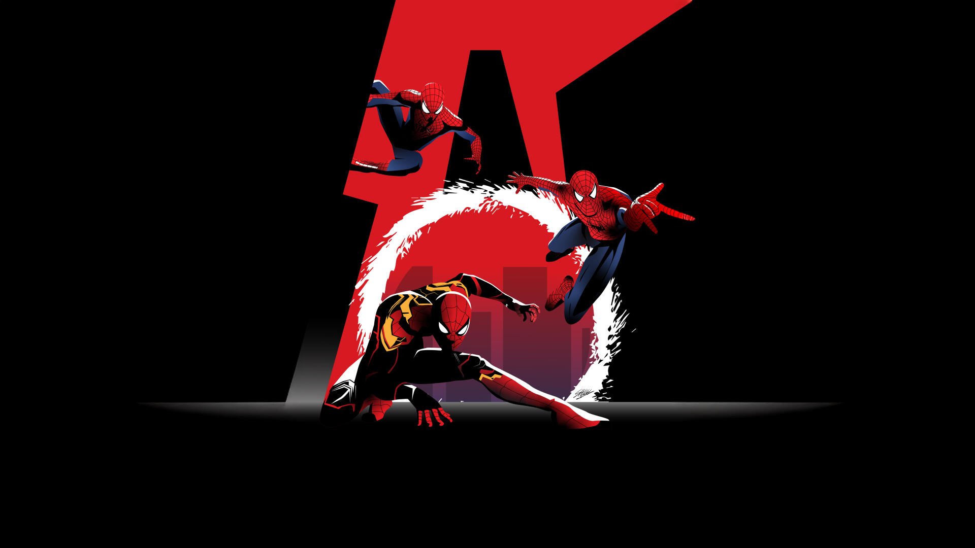 Spider-Man: No Way Home 4K Ultra HD PC desktop wallpaper showing three Spider-Men leaping and crouching in dynamic poses against a bold red emblem on black background.
