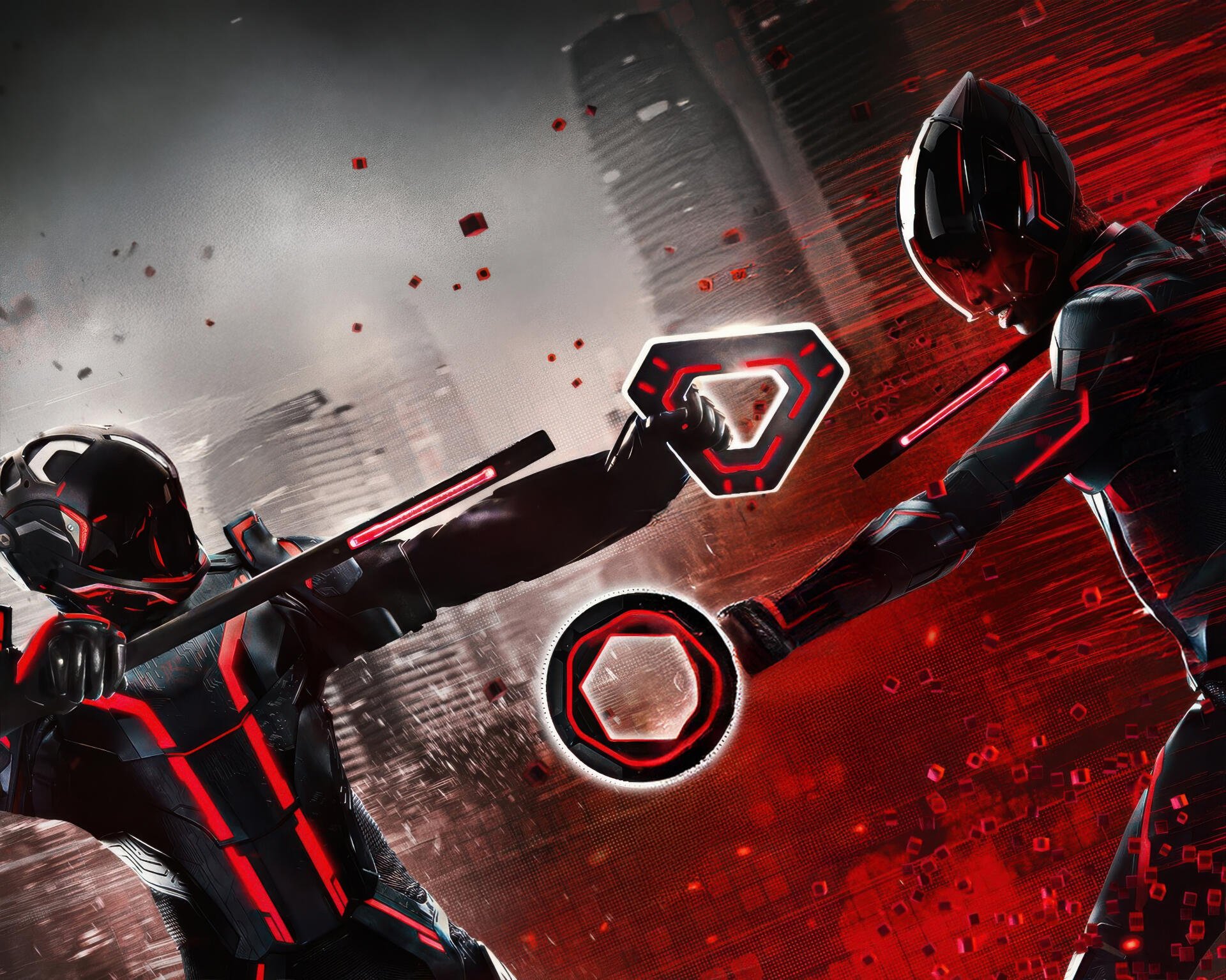 Tron: Ares 4K Ultra HD PC desktop wallpaper showing two armored light-suit combatants clashing with glowing discs and staves amid a red-and-black neon cyber city background.
