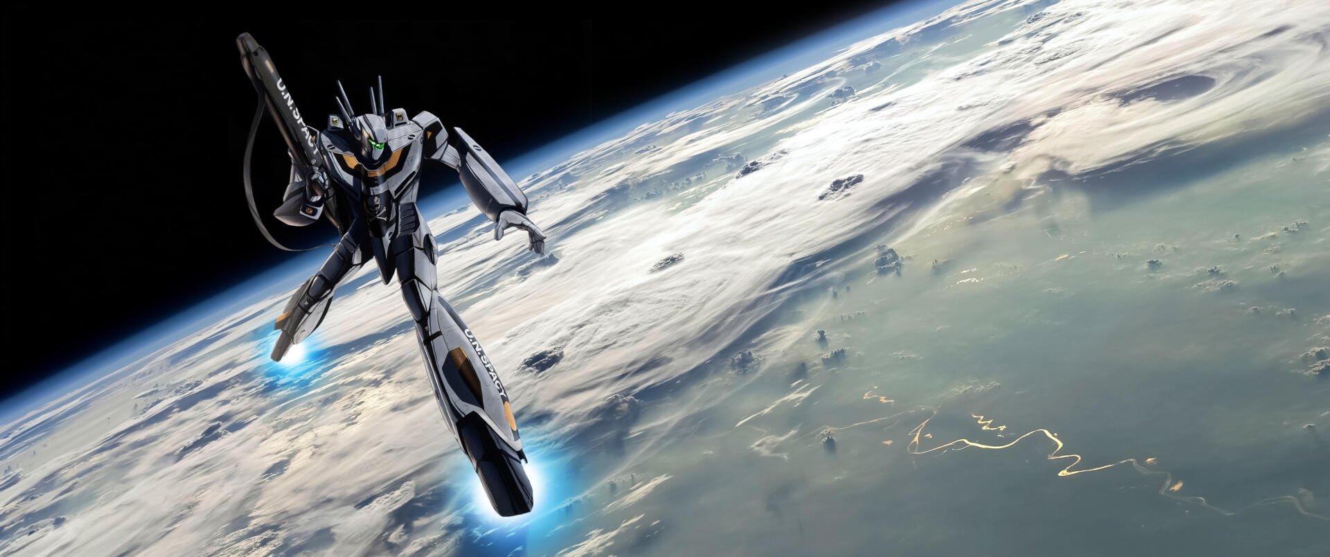 Battloid (Robotech/Macross) fighter soars above Earth with glowing thrusters and distant ships — HD PC desktop wallpaper/background.