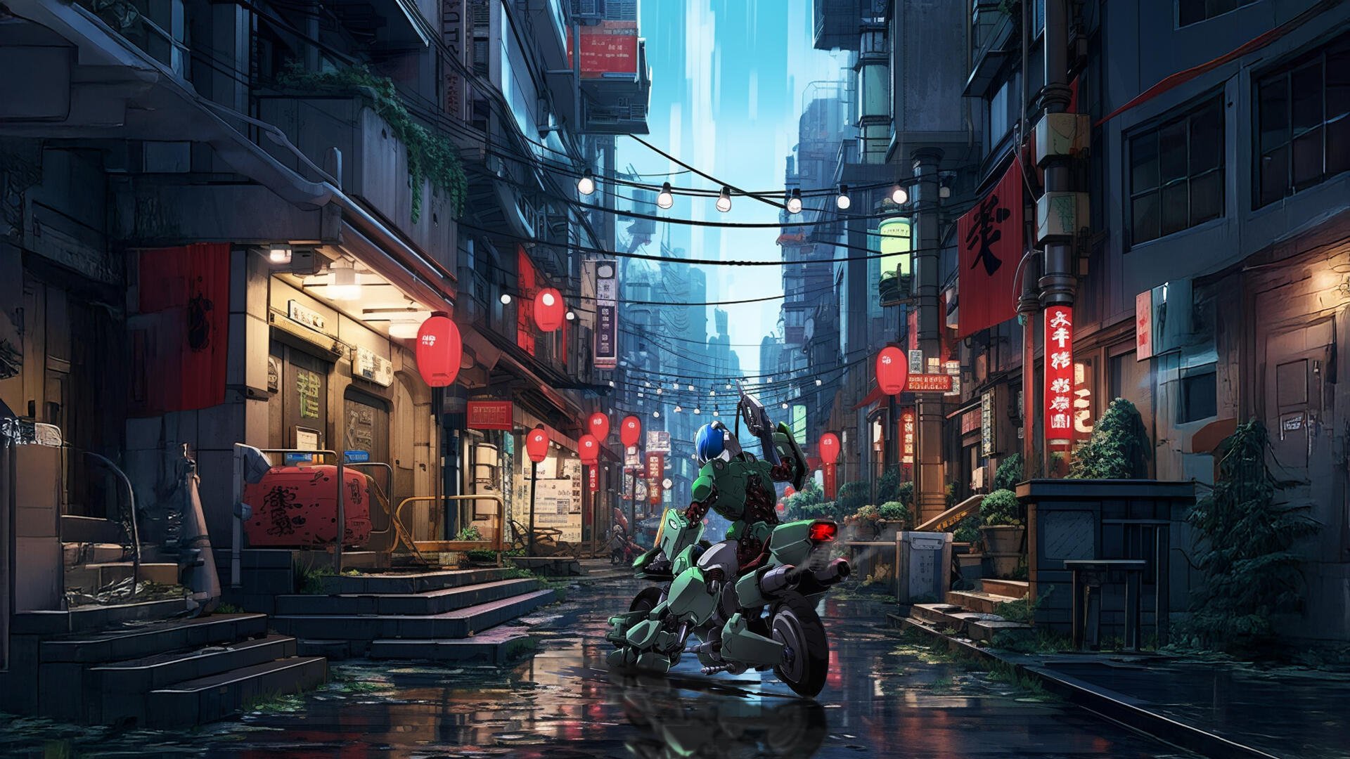 8K Ultra HD PC wallpaper — Robotech/Macross mecha rider on a hoverbike in a neon-lit rainy cyberpunk street, paper lanterns and glossy wet reflections.