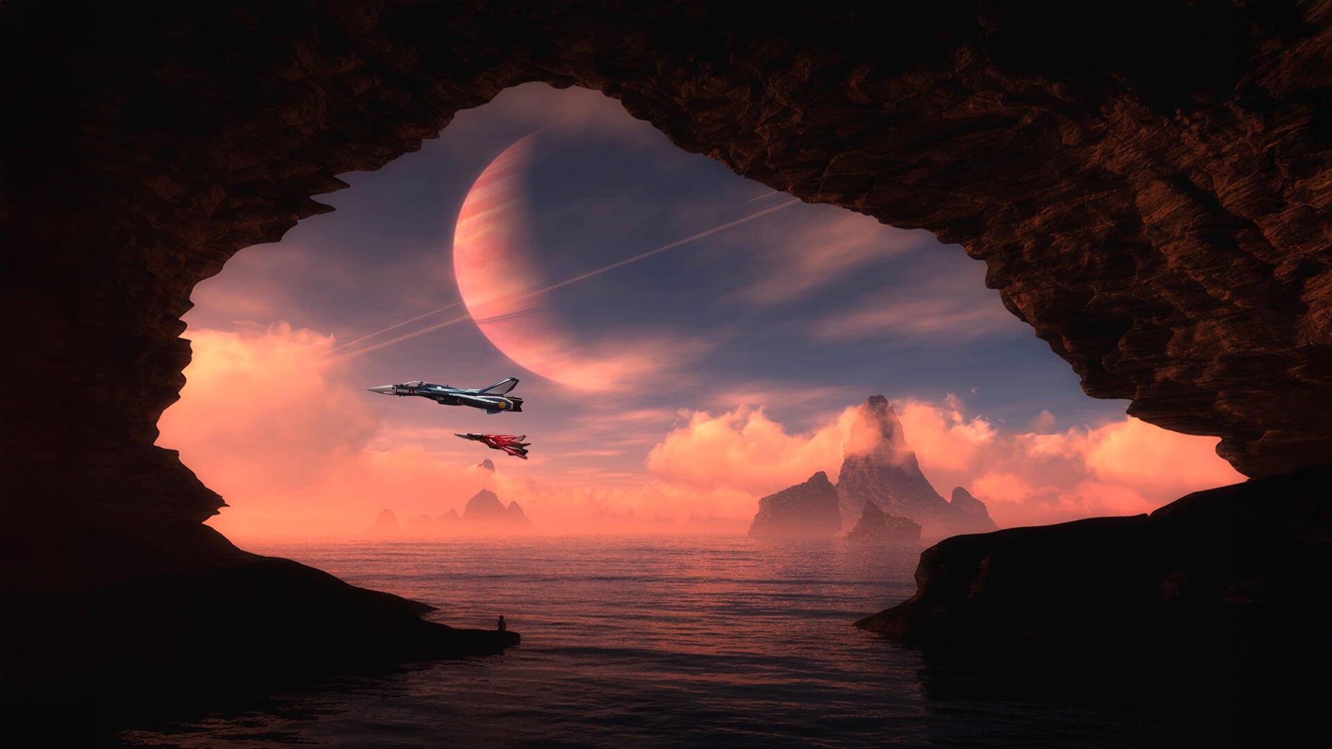 Robotech/Macross HD PC desktop wallpaper: fighters soar over an alien ocean at sunset, seen through a cave opening with a huge moon and distant rocky isles.