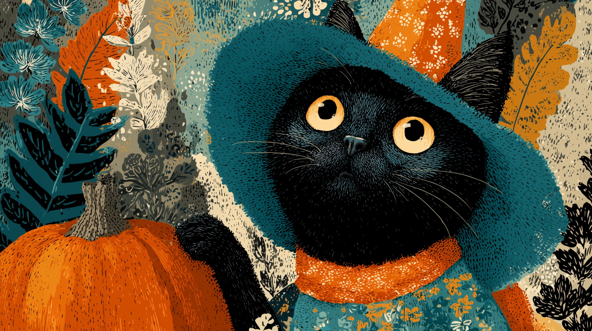 HD PC desktop wallpaper of a whimsical black cat in a teal hat and orange scarf, posed with a pumpkin amid textured autumn foliage and floral patterns.