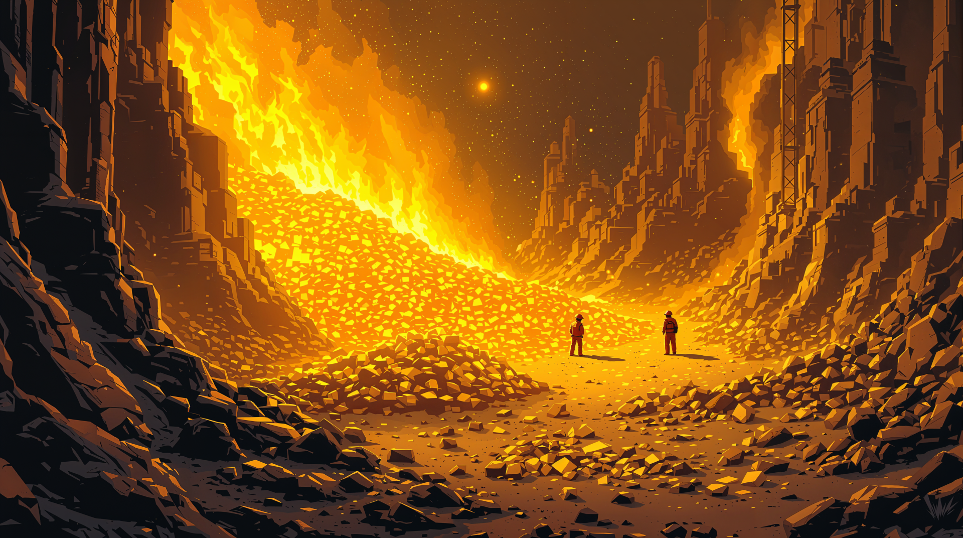 4K Ultra HD PC desktop wallpaper and background: epic gold-mining cavern with molten gold river and two miners amid towering rocky walls.