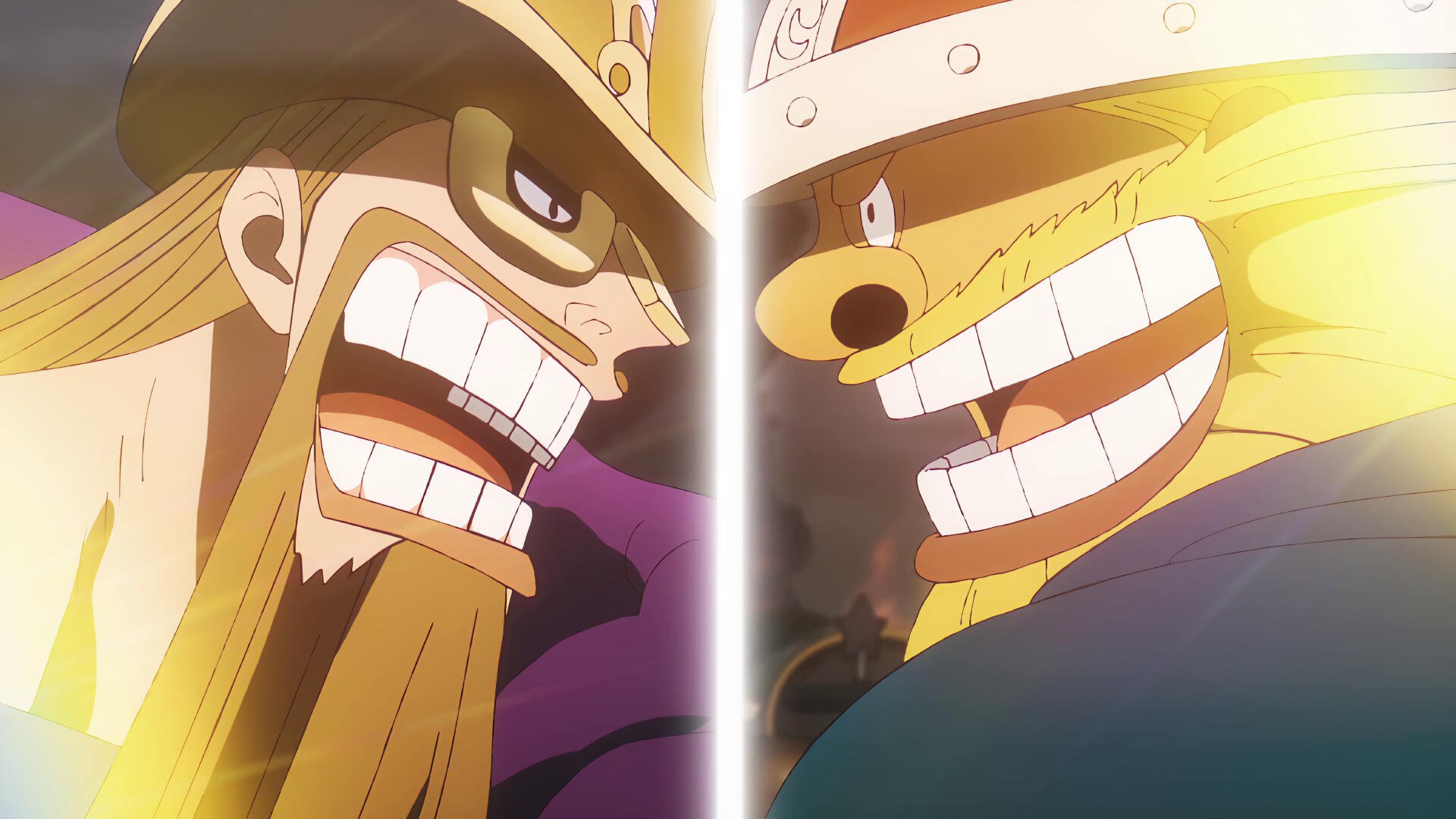 One Piece anime 4K Ultra HD PC desktop wallpaper: giants Brogy and Dorry face off, split-screen grins framed by a blinding center light.