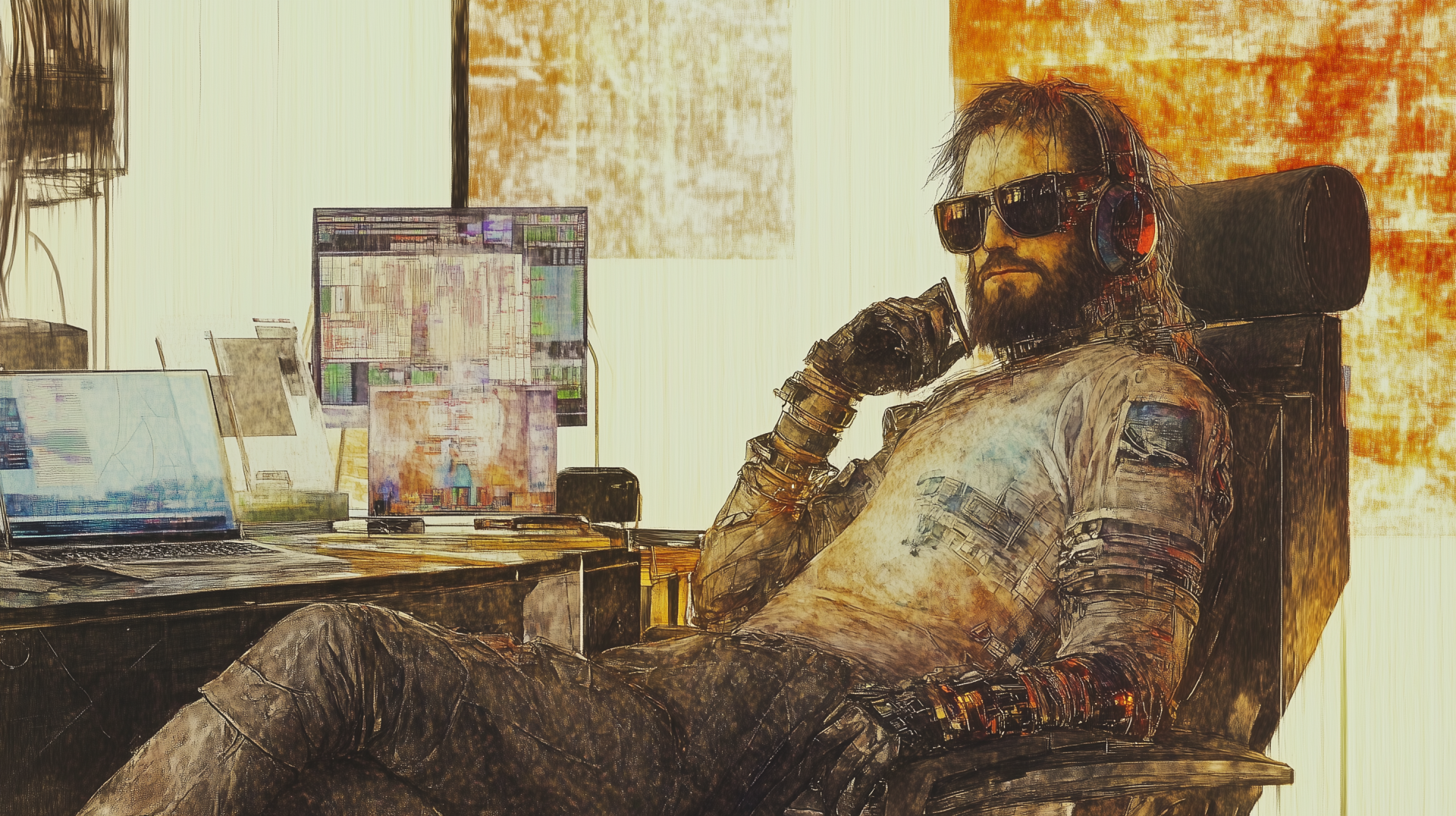 Artistic HD PC desktop wallpaper of a rugged hacker/programmer in sunglasses reclining at a cluttered workstation with multiple monitors displaying code.