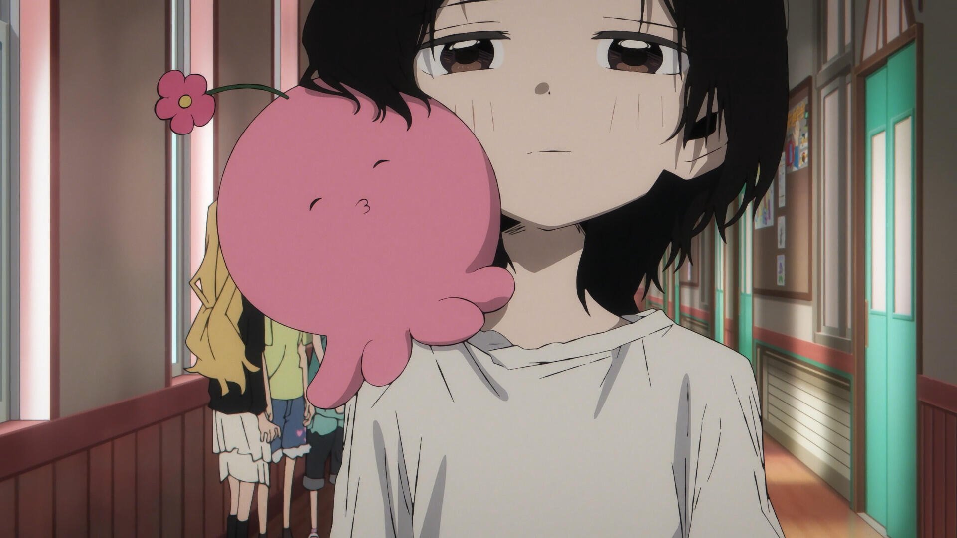 HD PC desktop wallpaper: anime still from Takopi's Original Sin — weary young character with dark hair holding a pink octopus plush while standing in a school hallway.