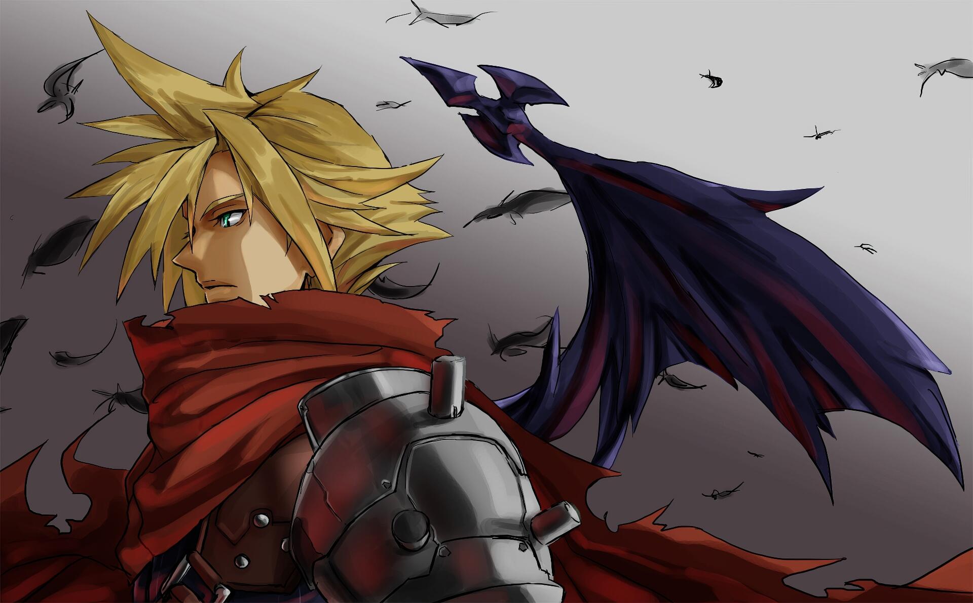 HD PC desktop wallpaper of Cloud Strife from the Kingdom Hearts video game: spiky blond hair, red scarf, metal pauldron, a dark wing and crows against a stormy gray sky.