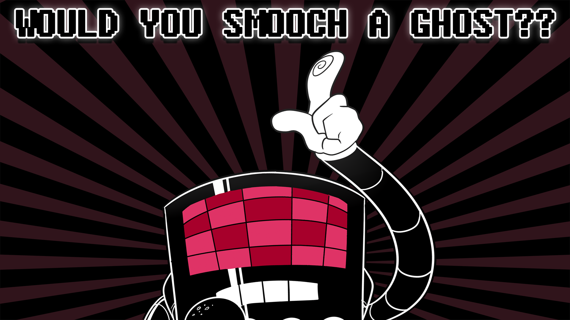 HD PC wallpaper of Undertale (video game) character Mettaton: pink checkered screen face and raised gloved arm against black-and-red radial rays, with bold text above reading Would you smooch a ghost?