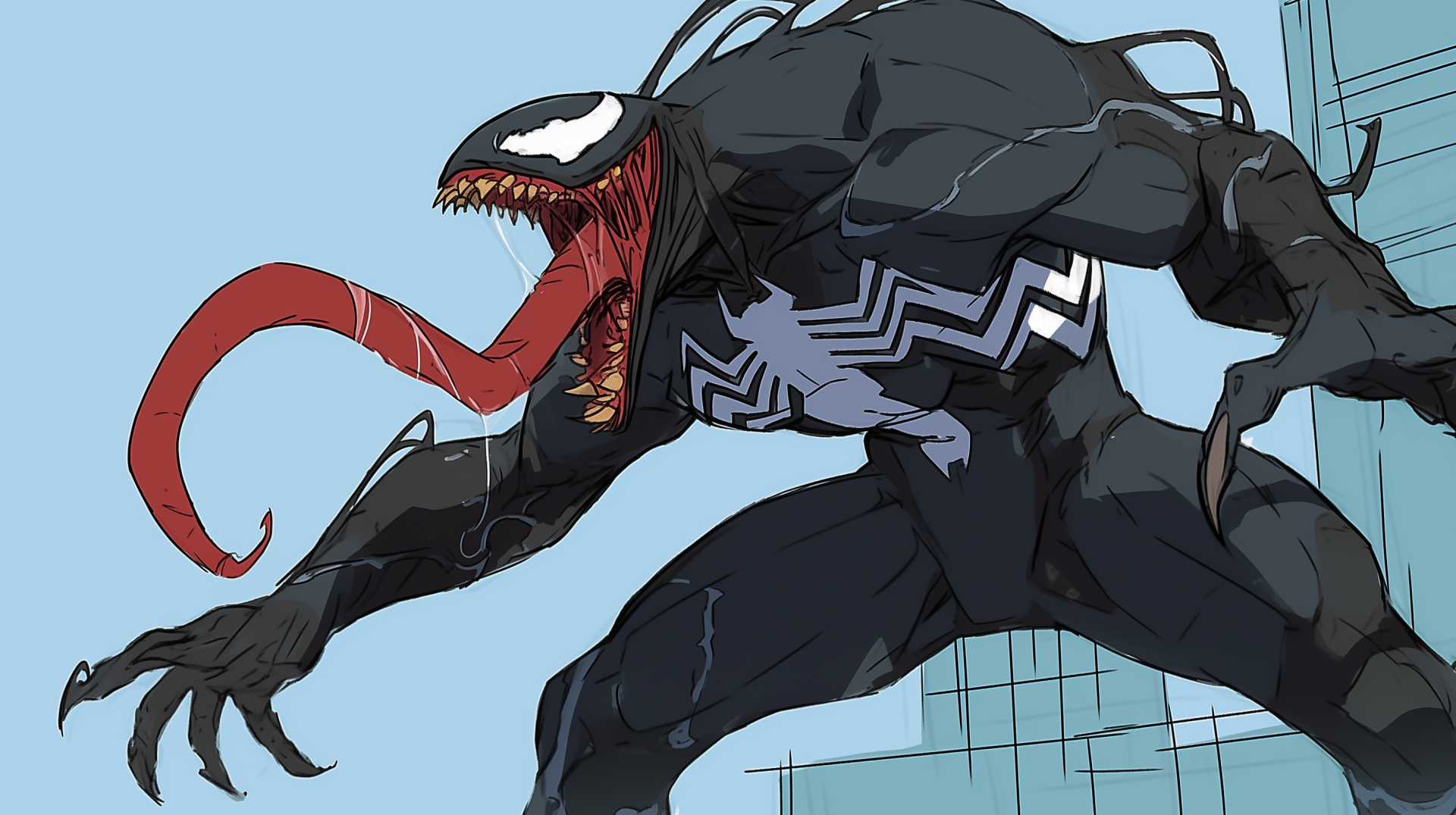 Comic-style illustration of Venom villain with extended tongue and sharp teeth, crouching against a city backdrop — HD PC desktop wallpaper and background.