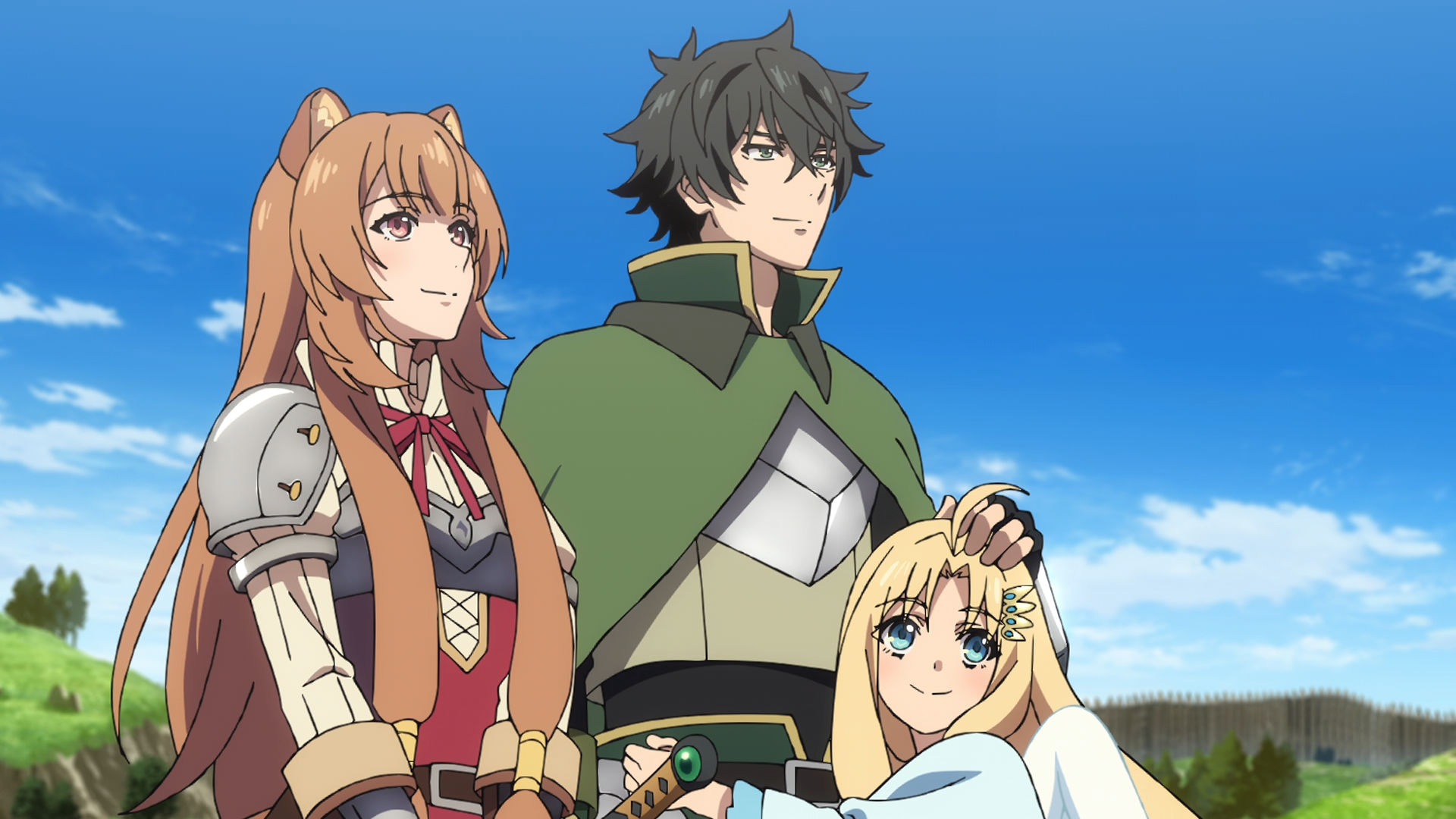 Anime HD PC desktop wallpaper of The Rising of the Shield Hero: Naofumi Iwatani stands between Raphtalia and Filo in a sunny field, the three characters posing together under a blue sky