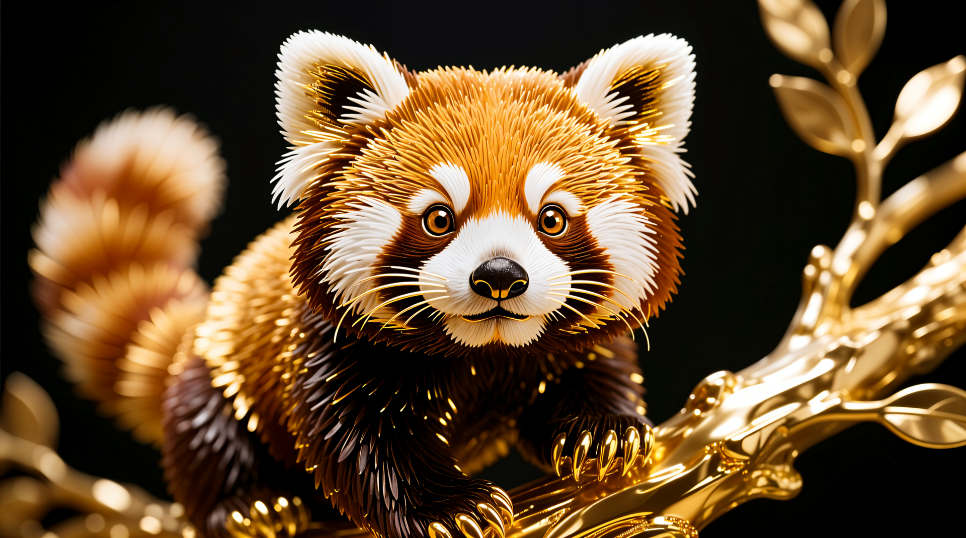 Stylized red panda perched on a gleaming golden branch, rich detail and vivid colors, 4K Ultra HD PC desktop wallpaper/background.