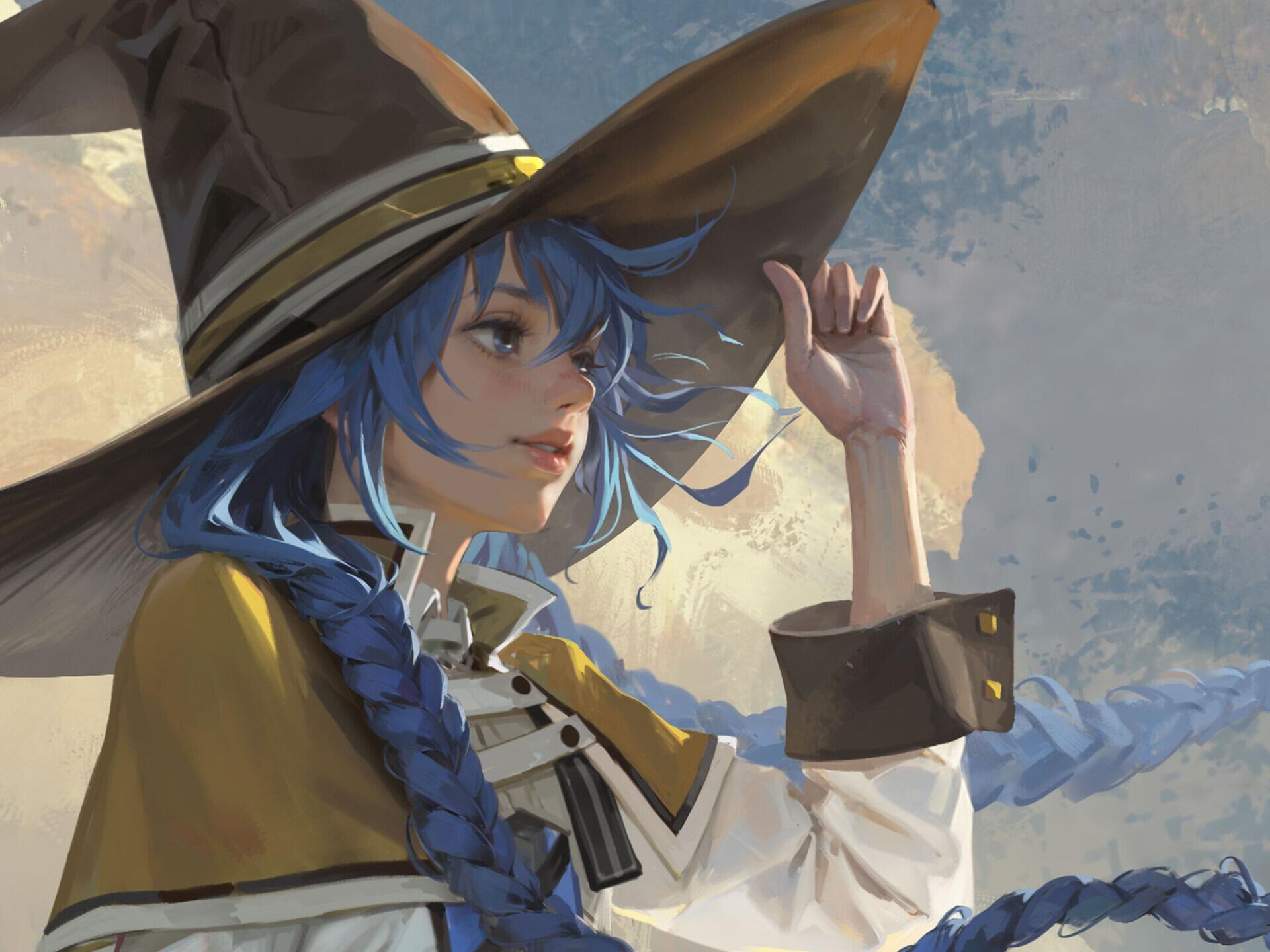 HD PC desktop wallpaper of Roxy Migurdia (Mushoku Tensei): blue‑haired girl with a long braid, wearing a wide‑brimmed witch hat and yellow‑white coat, lifting the brim and gazing upward.