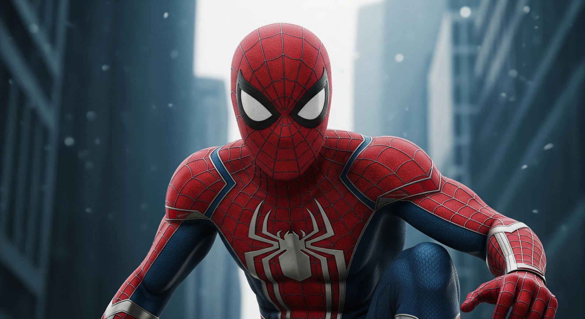 Close-up of Spider-Man in red-blue suit crouched between city skyscrapers with falling snow — 2K Quad HD PC desktop wallpaper and background.